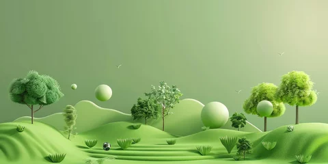 Zelfklevend Fotobehang 3D render, illustration 16K cute landscape, earth day , gradient green background © rajagambar99