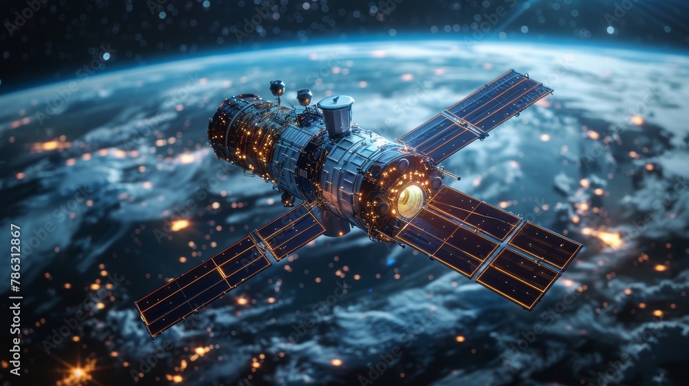 Aufkleber Concept of global satellite internet communications. Satellite transmits digital signals from space on a world map. Satellite dishes translate communication signals.