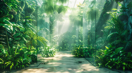 Lush Indoor Garden Under Soft Sunlight, Featuring Tropical Plants and Ferns in a Bright, Natural Setting