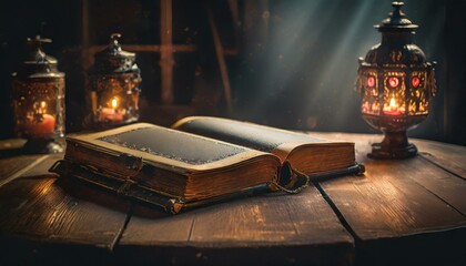an old book bathed in soft magical lights on a vintage table - Powered by Adobe