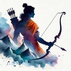Watercolor illustration of lord rama silhouette with a bow and arrow for ram navami social media poster or ads template created with generative ai	 - obrazy, fototapety, plakaty