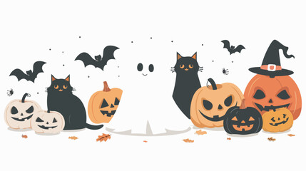 Halloween ghost with a black cat. Kawaii phantom in white