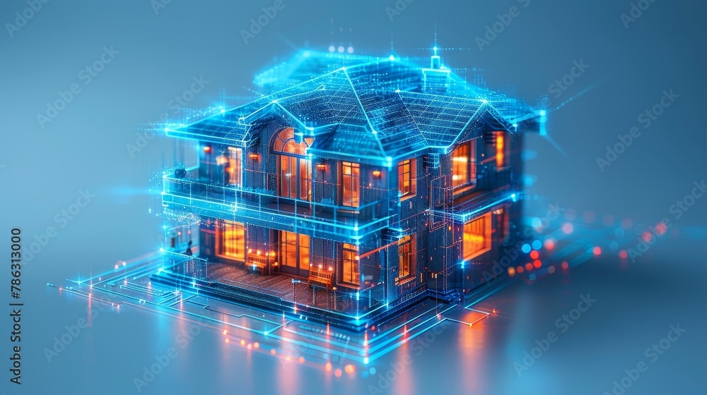 Leinwandbilder IOT home concept. Building a smart home. Internet of things in a smart home. Remote control system for domestic appliances. Blueprint plan of smart home with icons of IOT devices.