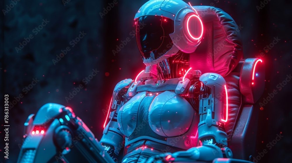 Poster The AI or artificial intelligence in the image is a woman in neon glow playing the throne, a female robotic queen. The AI or artificial intelligence is a sci-fi image of an AI computer neural network