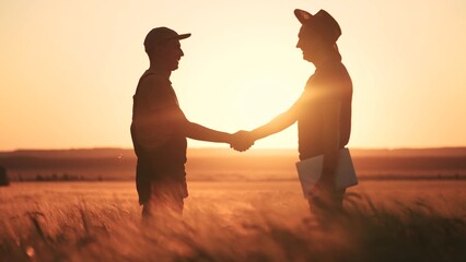 farmers handshake a success silhouette in wheat field. agriculture business concept. farmers...