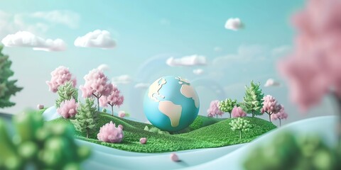 Obraz na płótnie Canvas 3D render, illustration 16K cute landscape, earth day , gradient green background