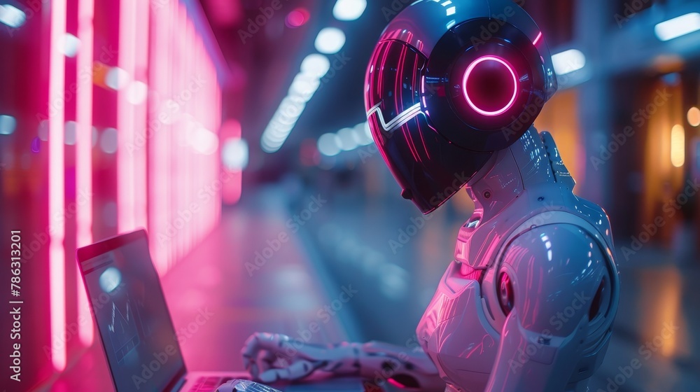 Poster Female robot cyborg performs on stage with laptop in hand. Artificial intelligence or AI in image. Robot woman points to laptop screen.