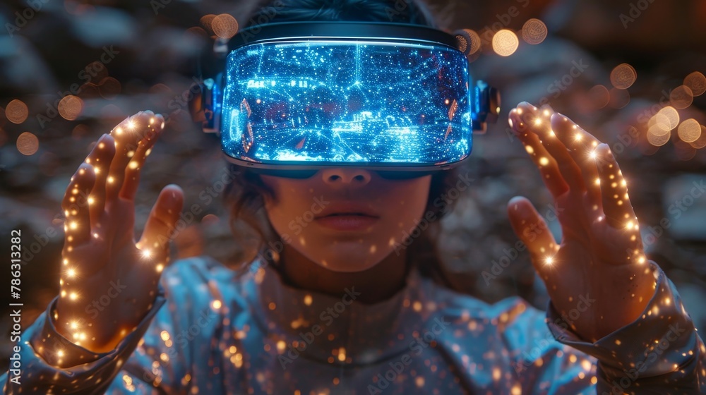 Aufkleber Virtual reality headset user interacts with holographic interface and computer video games in VR space with controller in hand. Guy is wearing a VR headset or 3D glasses of virtual reality.