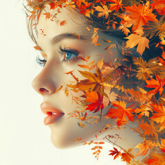 Autumn portrait of beautiful young woman with autumn leaves on her face