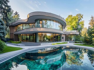 Modern house with pool overlooking natural landscape, trees, and sky