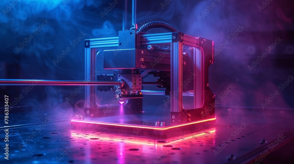 Aufkleber a 3d printer icon in a technology neon frame. additive technology concept banner. sla 3d printer ico