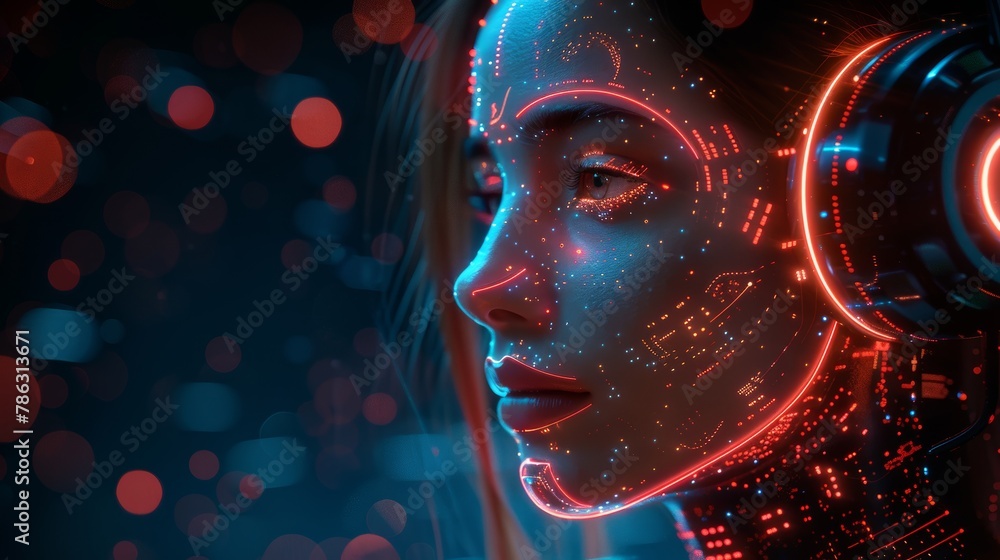 Poster chatbot avatar with humanoid face in image of humanoid female cyborg. robot robot woman chatbot logo