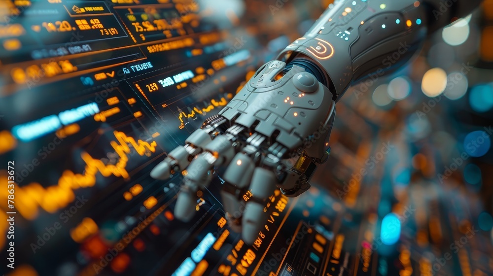 Leinwandbilder In financial business, AI helps trader analyze data. AI chatbot trades forex. Robot for automated trades on fund stock market. Robot hand points business chart.