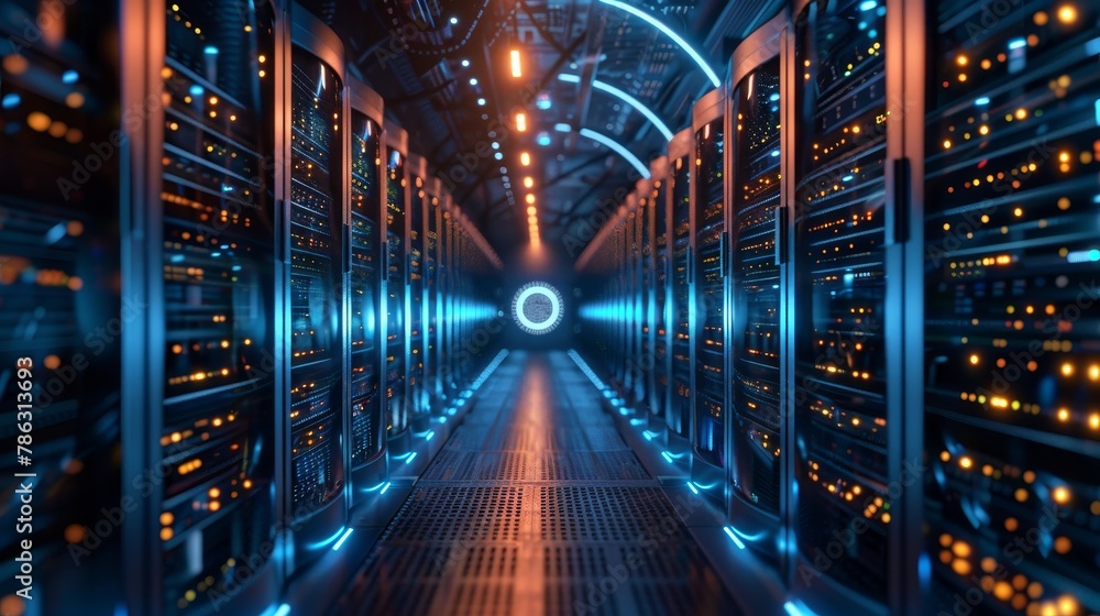 Poster an abstract data center door with light signatures. future computer technology concept. fantasy cybe