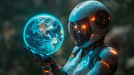 3D rendering of artificial intelligence saving planet from apocalypse. Robot woman holding globe on shoulders. AI saves nature and humanity from disaster. - obrazy, fototapety, plakaty