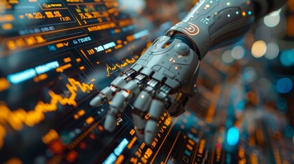 In financial business, AI helps trader analyze data. AI chatbot trades forex. Robot for automated trades on fund stock market. Robot hand points business chart.