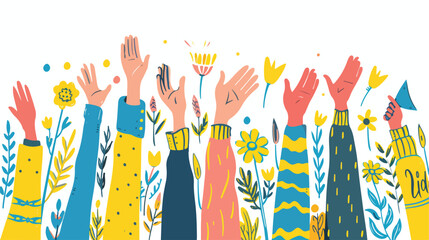 Hand drawn diverse human hands raising to support Ukra