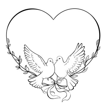 recommend clip art: Two dove pigeons birds in a frame shaped like a wedding heart. Wedding, invitation, monochrome line art