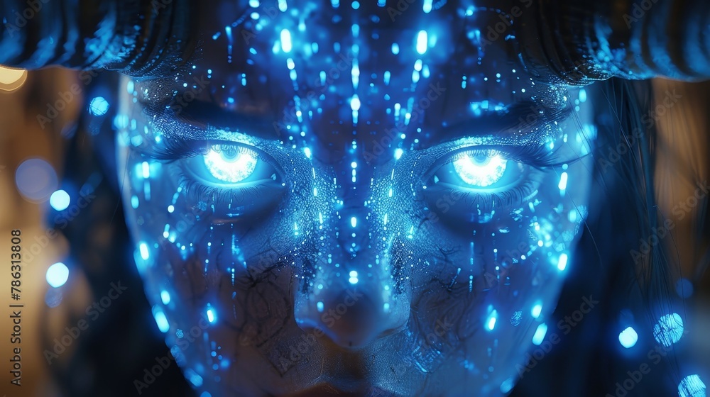 Poster an evil in image is a scary ai robot face with horns. both are creepy fake cyborgs. an artificial in