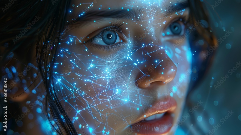 Aufkleber Digital data analysis using artificial intelligence. AI robot woman holds in her hand digital data from internet cloud storage. Artificial neural networks are learning through AI technology.