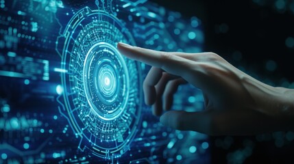 Closeup of finger touching interface screen with shallow depth of field blue toned