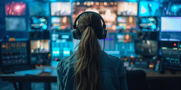 Woman with headphones in a broadcast control room facing multiple screens with colorful blurred lights.