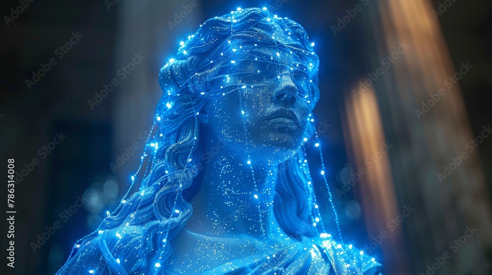 Aufkleber Artificial neural network judge. Image of goddess Themis. Robot or cyborg woman with scales. Judge with computer artificial intelligence judges people for offenses.