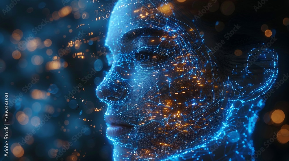 Poster A robot or chat bot head hovers over a digital map of the world for artificial intelligence communication. A cyborg face analyzes global data.
