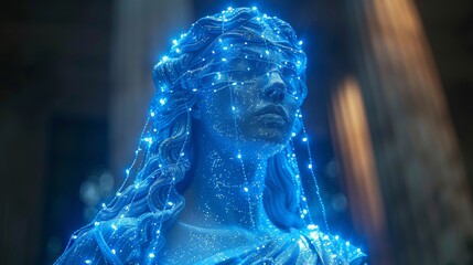 Artificial neural network judge. Image of goddess Themis. Robot or cyborg woman with scales. Judge with computer artificial intelligence judges people for offenses. - obrazy, fototapety, plakaty