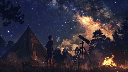 Two teens gaze at the night sky through a telescope at a summer camp. The bonfire and tent nearby add to the enchanting atmosphere. - obrazy, fototapety, plakaty