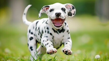 Playful dalmatian puppy joyfully running in a meadow   a beautiful spotted canine in action