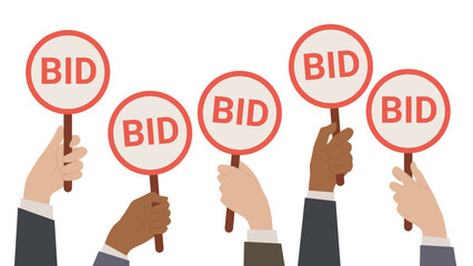 Auction bidding process. Hands hold paddles with Bid text, bidders rise round signs in competition to offer commercial price for purchase, arms of competitors vote cartoon vector illustration