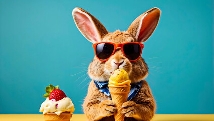 funny rabbit ice cream with sunglasses with yellow blue background generative AI