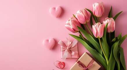 Fototapeta premium Mother's Day decorations concept. Top view photo of trendy gift boxes with ribbon bows and tulips on isolated pastel pink background