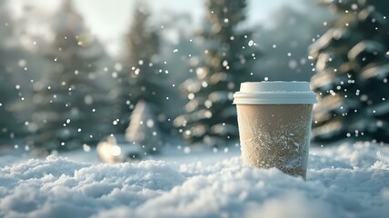 Seasonal Delight: A Cup of Coffee in a Snowy Winter Scene - obrazy, fototapety, plakaty