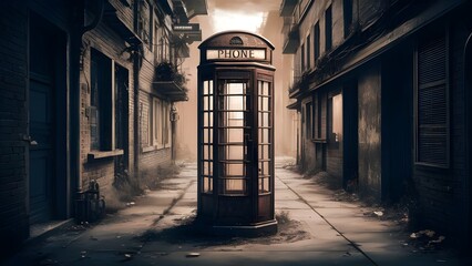 Concept of nostalgia and lost connections. An old, abandoned phone booth in a desolate alley. In sepia and faded blue.  - obrazy, fototapety, plakaty