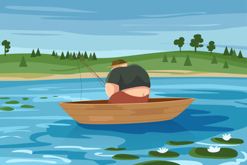 Fisherman fishing in lake with water lily. Man with hat and fishing rod sitting with back in old fishers wooden boat to catch fish in summer simple nature landscape cartoon vector illustration