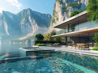 House with pool by lake mountains, a serene natural landscape