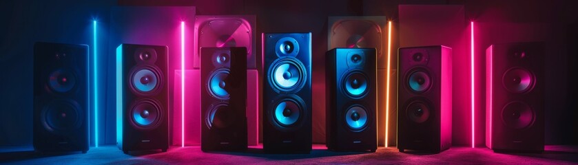 Group of sleek sound speakers under neon lights, creating a captivating visual scene