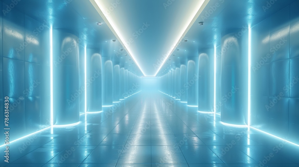 Aufkleber a 3d render illustration depicting an empty illuminated light blue corridor interior.