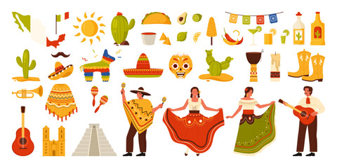 Travel to Mexico set. Mexican food and carnival party stickers collection, symbols of holidays, Latino guitar and sombrero, poncho with bright ornament and maracas cartoon vector illustration - obrazy, fototapety, plakaty