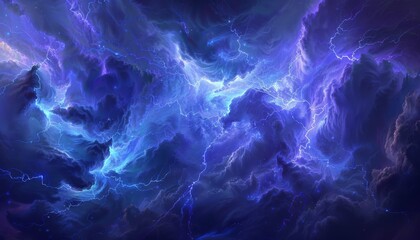 Shades of blue and violet swirl together nebulous cloud, illuminated by crackling lightning bolts - obrazy, fototapety, plakaty