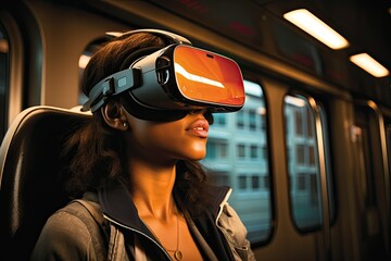 A woman is immersed in virtual reality, wearing a headset while seated on a moving train. Generative AI