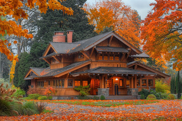 A craftsman style house during autumn, with its warm wooden exteriors contrasting beautifully against the backdrop of trees ablaze with orange and red leaves.