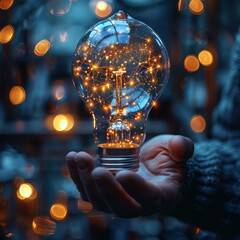 Light bulb in hand with glowing network inside.