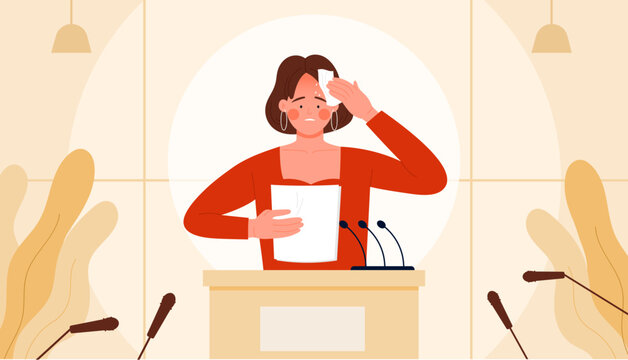 Speaker feeling anxiety, panic and fear when speaking in front of audience. Nervous female speaker standing at podium for public presentation, confused woman at rostrum cartoon vector illustration