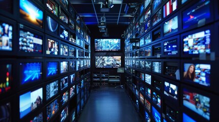 Hallway filled with televisions displaying variety of news broadcasts. Video wall. Control room.