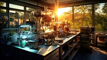 研究室の部屋に差す太陽の光、ラボの風景