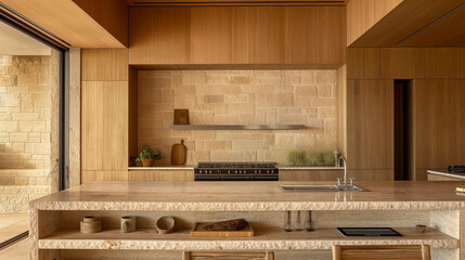 Countryside French kitchen with minimalist design, smooth surfaces, earth tones, and stone textures lit by bright noon light.