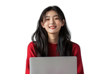 Young Asian Woman with Laptop on Transparent